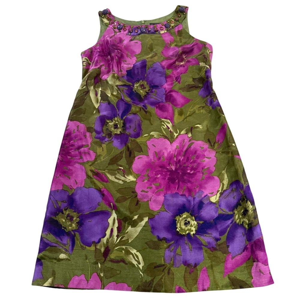 Jessica Howard Petite Beaded Floral Sheath Dress Green Purple‎ Pink Size 10P